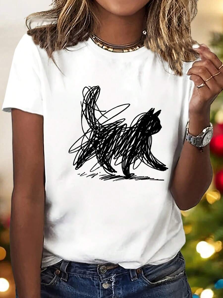 Nueva Camiseta de Manga Corta con Cuello Redondo, Estilo Pintado a Mano con Patrón de Gato, Estampado Suave y Animado, Elegante y a, Estilo Y2K, Camiseta Casual Deportiva para Mujer, Sin Cuello en V, Tallas S-XXL - Blanco - Ver 1