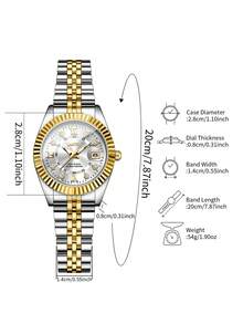 2pcs/Set Couple's Minimalist Fashion Roman Numeral Diamond Decorated Calendar Dial Classic Quartz Wrist Watch, No Watch Box Included - White - View 4