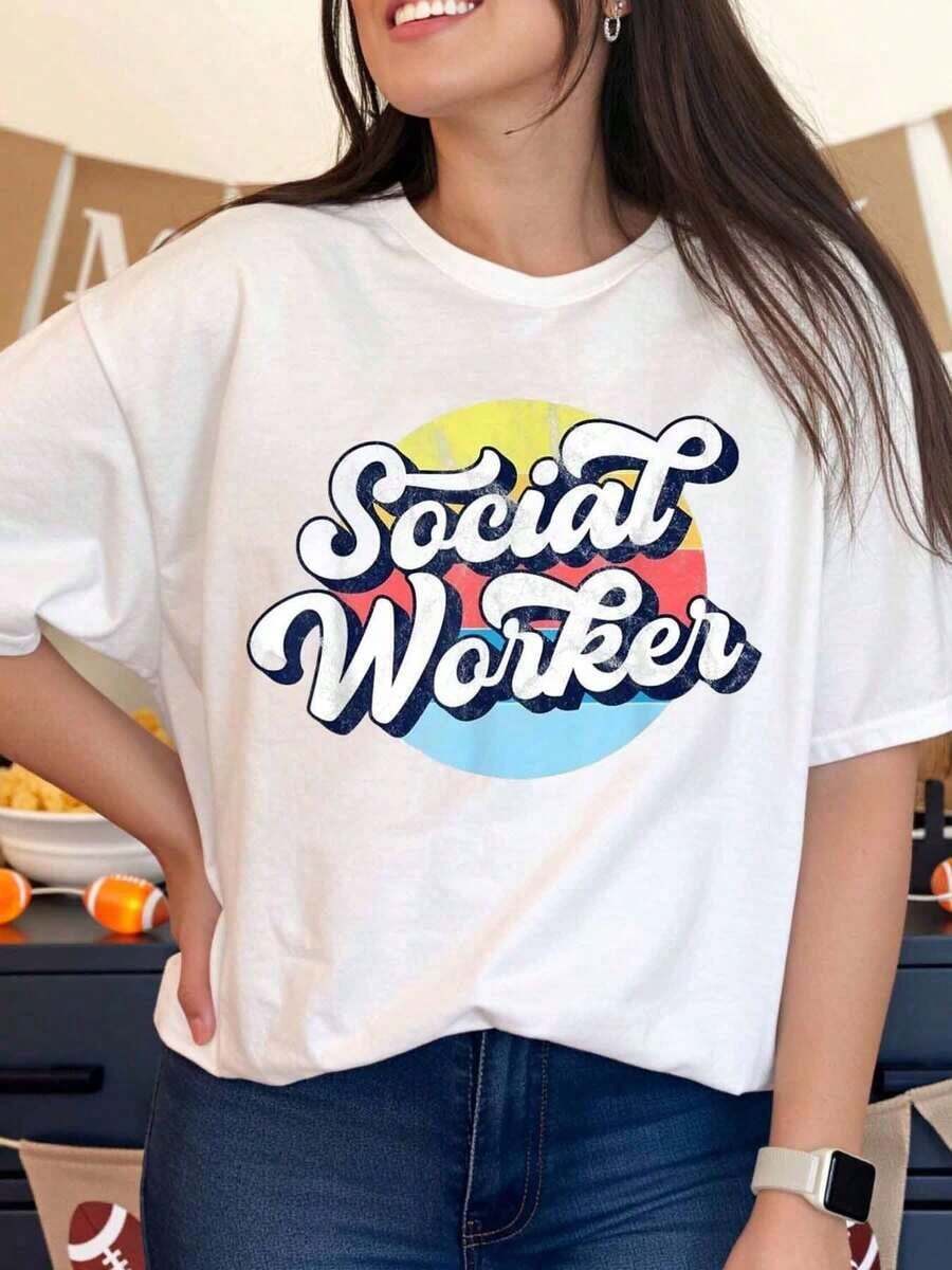 Camiseta Estilo Vintage para Mujer, Casual, de Talla Grande, con Diseño Retro Colorido, Perfecta para Uso Diario y Eventos de Trabajo Social - Blanco - Ver 1