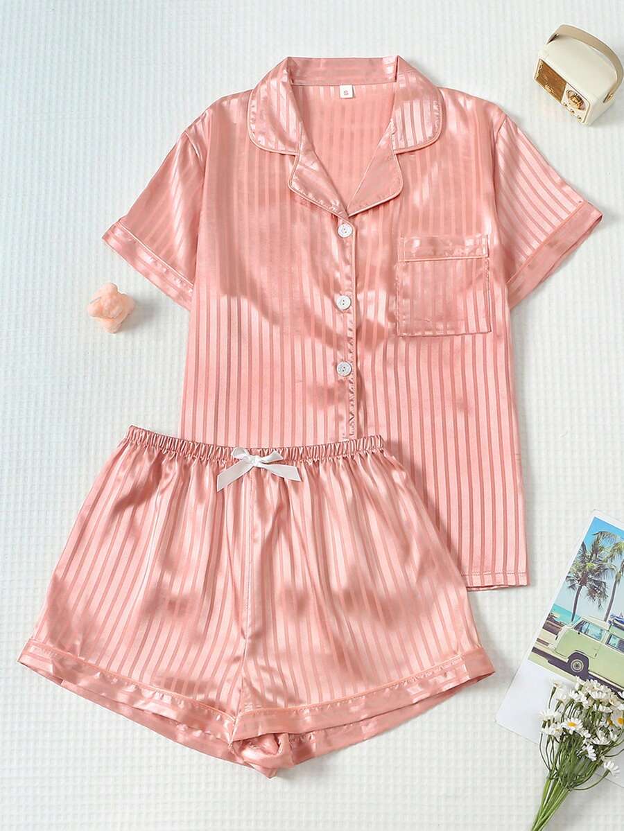 2pcs White Striped Satin Short Sleeve Collared Top And Bow Shorts Pajama Set For Women, Spring/Summer - Coral Orange - View 1