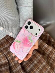 Unique Hollow Gilded Colorful Fruit Design Phone Case Compatible With Iphone 17 Pro Max, Minimalist & Fresh New 17 Pro, Shock-Proof Cover For IPhone 16 Pro Max, Stylish 16 Pro, 15 Pro Case For Women - Pink - View 2