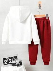 2pcs/Set Boys' Casual Letter Print Hoodie Sweatshirt And Sports Pants Set - Red - View 3