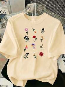 Camiseta Casual Blanca con Estampado Floral para Mujer, Manga Corta, Cuello Redondo, Corte Regular, Top de Poliéster, Perfecta para Primavera y Uso Diario. - Albaricoque - Ver 8