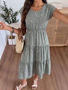 Vestido casual de mujer con estampado floral y volante en el bajo, para verano - Verde - Ver 3