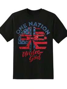 1 pieza Camiseta Patriótica con Bandera Americana "Una Nación Bajo Dios" para Mujer, para Celebración del Día de la Independencia 4 de Julio, Camiseta Gráfica Casual, 220g/180g Algodón 100%. - Negro - Ver 3