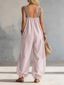 Mono de Mujer a Rayas con Tirantes, Cremallera y Puños Fruncidos para Primavera/Verano|   Diseño Casual y relajado, Ideal para Salidas Diarias y Ocasiones Sociales Ligeras, Looks Casuales Cómodos - Caqui - Ver 6