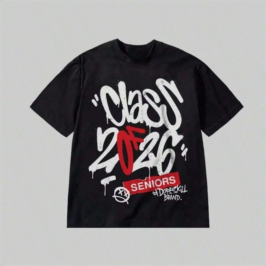Luxury Cotton T-Shirts With Class Of 2026 Graphic Print For Men And Women, Short Sleeve, Summer Urban Fashion Clothing - 黑色 8 - 查看 1