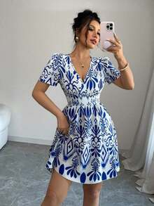 Vestido mini ajustado con fruncido e impresión para mujer - Azul - Ver 3