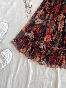 Vestido casual holgado con estampado floral, volantes en el bajo y corte evasé para mujer, ideal para vacaciones, festivales de música hippie - Negro - Ver 5