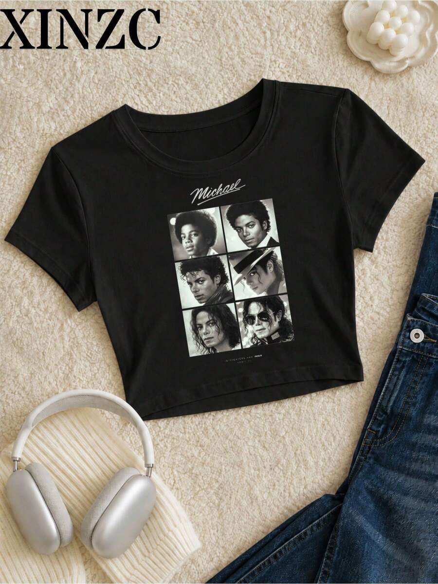 Women's Cropped Crew Neck Short Sleeve T-Shirt, Multiple Colors Available, Large Michaeled Jacksoned Photo Collage Graphic Print On The Front, 90s Pop Music Icon Style, Suitable For Everyday Outfit, Festival, Concert, Shopping, Vacation, University, Casual Cotton Top - màu đen - Xem 1