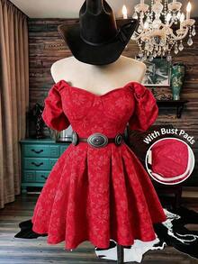 CURVE Vestido corto rojo con hombros descubiertos, manga corta, cintura ceñida y pliegues para mujer talla grande, estilo vaquero y vacacional - Rojo - Ver 8
