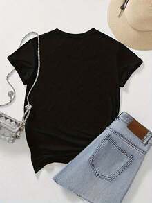 Sunflower Print - With Bow Design - Casual Round Neck, Short Sleeves,  Spring/Summer T-Shirt - 黑色 - 查看 2
