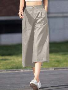 Pantalones de mujer de verano de unicolor, casuales, de pierna ancha y holgados de 7/4 de largo, con bolsillos, adecuados para uso casual diario, al aire libre y de vacaciones - Gris Claro - Ver 12