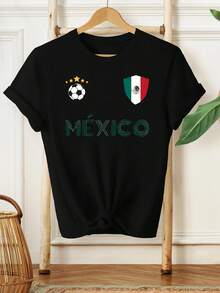 Plus Size - Plus Size - New Women's Summer Short Sleeve T-Shirt With Mexican Flag Emblem, Soccer, Five Stars And The Word 'Mexico', Designed For Casual And Stylish Wear - 黑色 - 查看 5