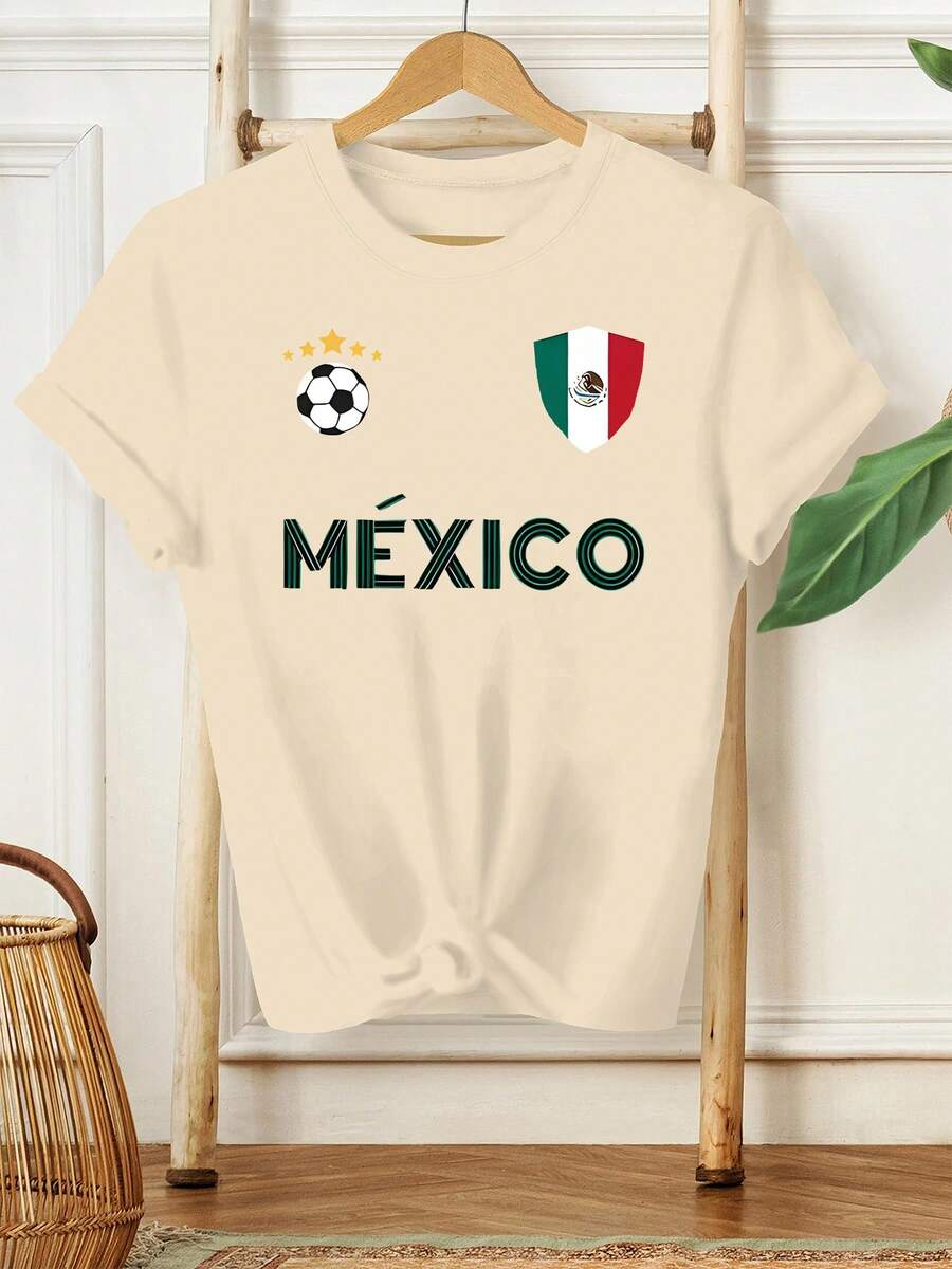 Plus Size - Plus Size - New Women's Summer Short Sleeve T-Shirt With Mexican Flag Emblem, Soccer, Five Stars And The Word 'Mexico', Designed For Casual And Stylish Wear - 杏 - 查看 1