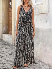 Mono informal sin mangas con cuello en V y estampado total para mujer, ideal para vacaciones de verano - Negro - Ver 6