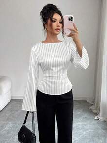 Blusa de manga larga con rayas y pliegues en la espalda para mujer - Blanco - Ver 1