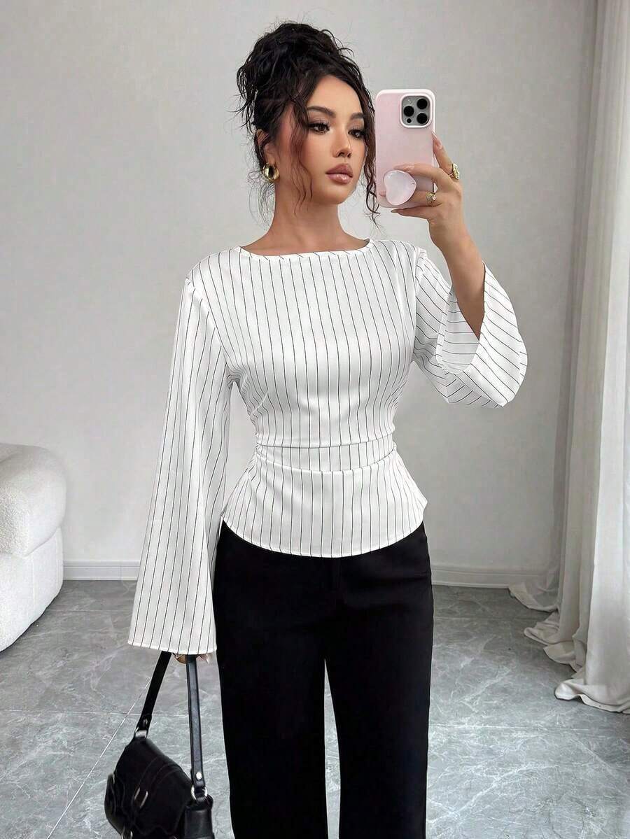 Blusa de manga larga con rayas y pliegues en la espalda para mujer - Blanco - Ver 1