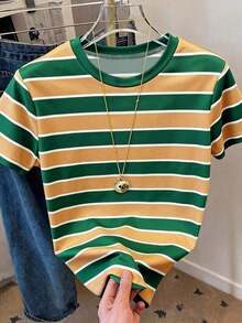 Camiseta de manga corta de cuello redondo a rayas para mujer, de uso versátil y casual para el día a día - Multicolor 5 - Ver 3