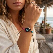 1 pieza Pulsera tejida de ojo malvado de moda casual para mujer, pulsera trenzada de cordón de cera ajustable, adecuada para el uso diario, festivales, regalo de verano, regalo de vacaciones - Multicolor - Ver 2