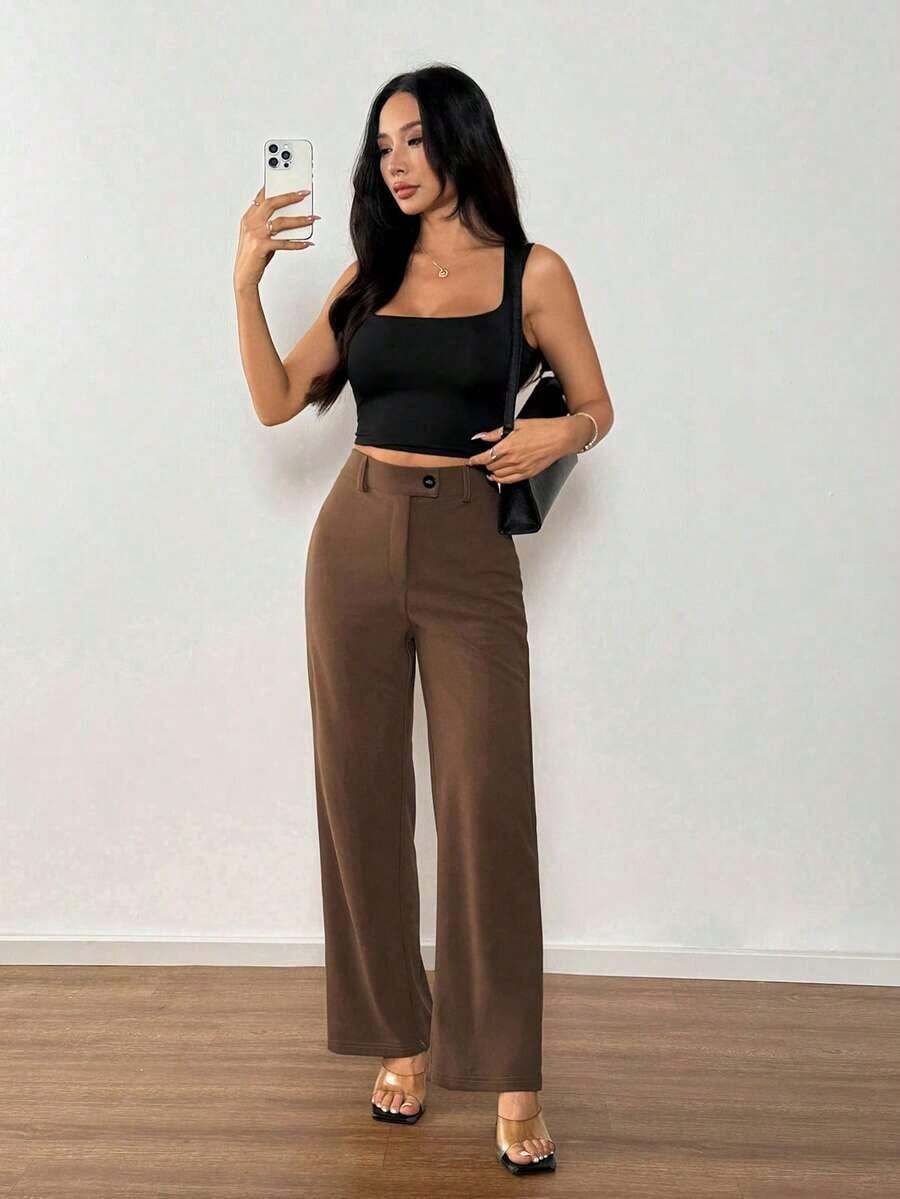 Pantalones rectos casuales de mujer de unicolor con cinturón - Café integral 2 - Ver 1