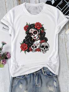 Blusa casual para mujer con una figura femenina con maquillaje del Día de Muertos en la cara y rosas rojas en el cabello, junto con un pequeño estampado de calavera. Camiseta de manga corta con cuello redondo, adecuada para primavera, verano, otoño e invierno. Un top versátil y de estilo retro-casual para uso diario, trabajo o vacaciones. Disponible en múltiples colores, tallas S-XXL. - Albaricoque - Ver 11