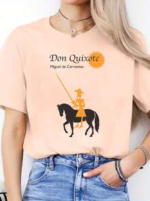 Blusa casual para mujer con estampado de letras en español, camiseta casual de primavera/verano, camiseta deportiva de manga corta con cuello redondo, tops de algodón para mujer. - Negro - Ver 8