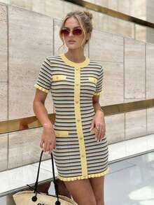 Women's New Spring/Summer Elegant Striped Contrast Color Metal Button Dress, Graceful Ruffle Hem Yellow Striped, Front Button Design, Suitable For Commuting, Daily Dates And Photo Shoots. - Multicolor - View 4
