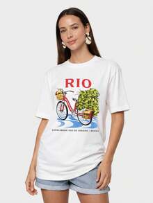 1 pieza de camisa de mujer 100% algodón, blusa de inspiración tropical, corte holgado casual, cómoda para la calle, 180g 100% algodón - Blanco - Ver 2