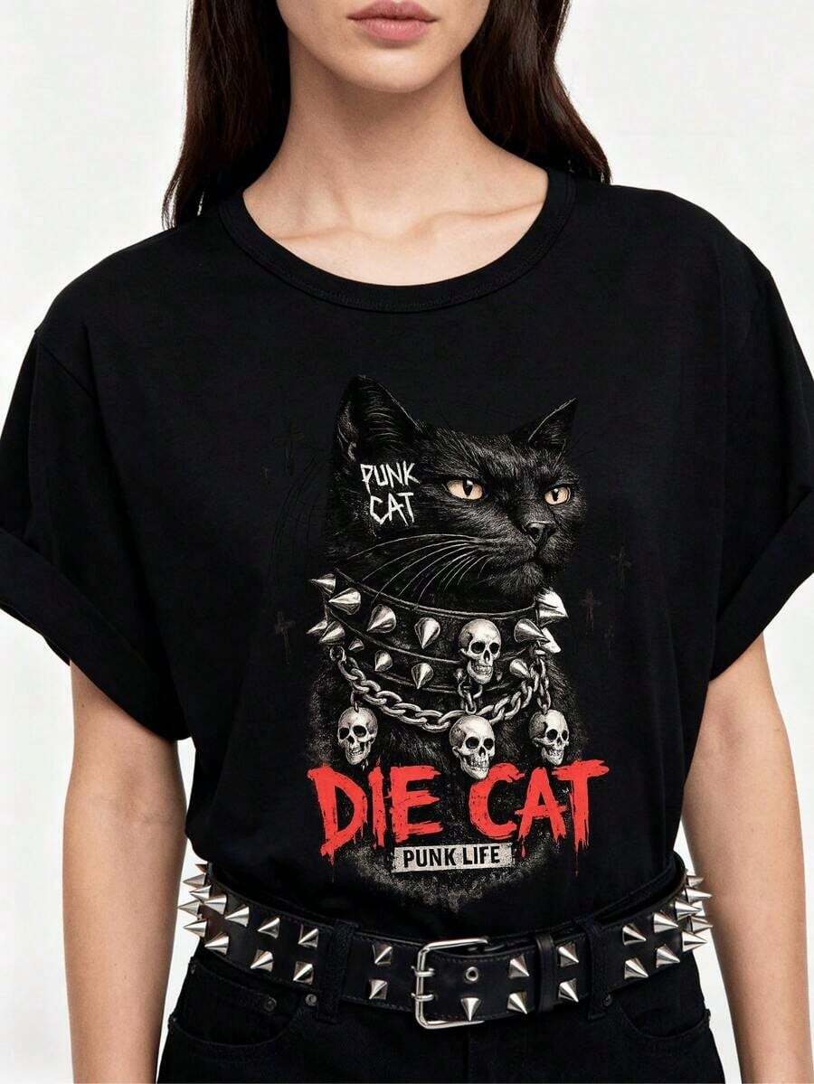 1 pieza de camisa blanca para mujer con estampado de calaveras, cuello redondo, corte regular, estilo casual streetwear, calaveras, rock punk. 180g 100% algodón. - Blanco - Ver 1