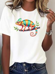 Camiseta de algodón puro para mujer con estampado de ramas de camaleón - Top casual suave y transpirable, con diseño realista de lagarto para uso diario, camiseta lavable a máquina, blusa casual para mujer. - Blanco - Ver 7