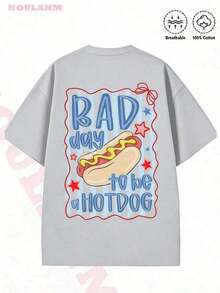 2026 New Fashion,1PC,Women's " Day To Be A Hotdog" Retro Cartoon Graphic T-Shirt |     100% Cotton Breathable Spring Tops, Oversized Short Sleeve Tee, - 灰色 - 查看 4