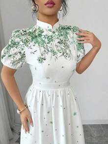 sfvsElenzga Vestido elegante de mujer con estampado floral, cuello alto y mangas cortas con pétalosvfdw HAFL - Verde - Ver 4