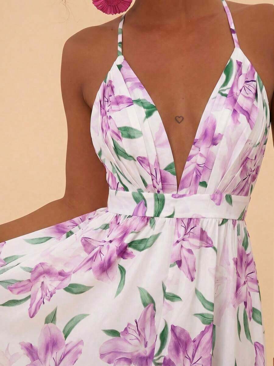 xheTravachic Vestidos con tirantes de espagueti y espalda descubierta con estampado tropical y floral para mujeres, ideas de regalo para el Día de la Madre, regalo de la hija, ropa de verano, atuendos de playa para mujer, atuendos de rave y festivalxhe - Púrpura malva - View 1