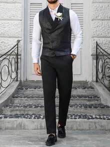 Manfinity Mode Men Double Breasted Waistcoat Without Shirt,Men's Casual/Business Single Breasted Suit Vest, Suitable For Daily Commuting Men's Daily Casual Summer Vacation Wear,Perfect For Going Out And Daily Wear - 黑色 - 查看 5