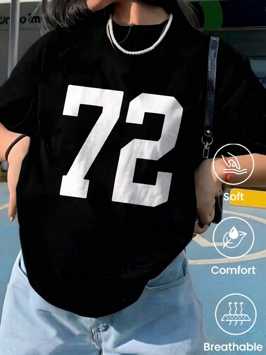180 g Hecho en México, Moda Primavera/Verano 2026 Camiseta de manga corta, Estampado de dibujos animados, Estilo para parejas, Ropa interior/exterior, Cuello redondo informal para la oficina, Top unisex de una pieza - Negro - Ver 1