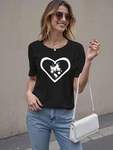Cute Women's Cat And Heart Print T-Shirt, Soft Cotton Blend Fabric, Loose-Fitting Casual Summer T-Shirt For Everyday Wear And More - 0Negro - 查看 4