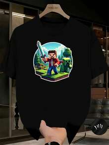 Camiseta de para hombre y mujer - Camiseta gráfica oficial de con Steve y, camiseta casual de verano transpirable para fans de los videojuegos, ajuste cómodo, tela duradera, merchandise para fans, diseño moderno, material suaveDaily Casual Round Neck Short Sleeve-Shirt Women - Negro - Ver 1