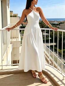 Elegantes blaues und weißes gestreiftes ärmelloses Neckholder-Rückenfreies Kleid für Damen, gerafftes Taillendesign, Boho-Stil Casual Urlaubskleid, geeignet für Sommerdates und den täglichen Gebrauch - Weiss - Übersicht 2
