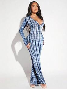 Vestido De Manga Larga Con Cuello En V Profundo Teñido Anudado Y Parte Inferior Ajustada - Azul marino - Ver 5