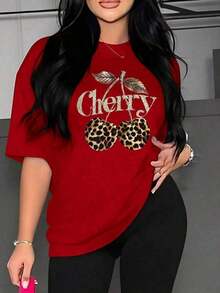 Women's Casual Short Sleeve Shirt - Leopard And Cherry Print, Black With Gold Glitter Trim, Medium Stretch, Washable, Comfortable For All Seasons, Loose And Comfortable, Benito Bowl Top, Perfect For Summer - Tayzi NXBQ - 風格 - 查看 12