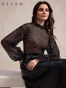 Blusa elegante con mangas de linterna bordada con lentejuelas ALIAO, versátil para ir al trabajo, citas, uso diario, brillante para fiestas de vacaciones - Negro - Ver 9