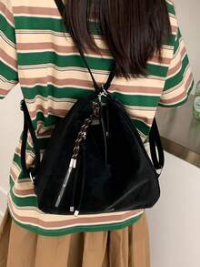 2026新款女款大容量通勤單肩包，小眾設計，休閒百搭極簡時尚斜挎包，舒適PU面料，純色設計，拉鍊開合，可調節長肩帶，後背包，多功能大空間容量，附吊飾托特包 - 黑色 - 查看 9