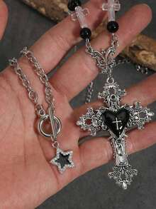 2pcs Vintage Gothic Style Rhinestone Star & Faux Pearl Personalized Rose Cross Heart Pendant Necklace, Y2K Goth Choker Necklace For Women - Silver - View 3