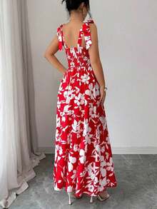 Vestido largo con estampado floral elegante y lazo en la cintura, para uso casual de vacaciones y citas, primavera/verano 2026 - Rojo y blanco - Ver 2