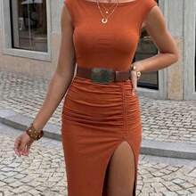 Nana's Women's Clothing Store Vestido plisado con abertura de unicolor simple para mujer, verano - Marrón Mocha - Ver 2
