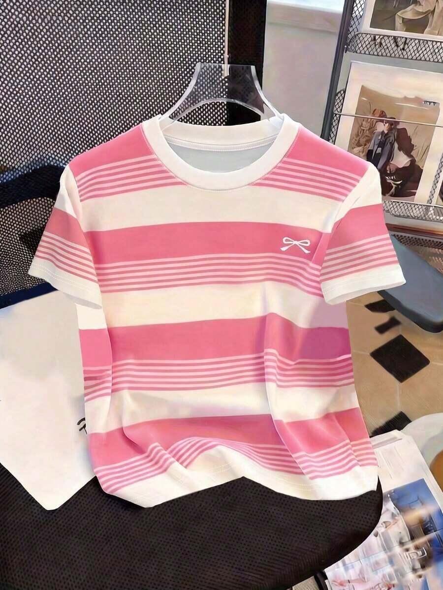 Camiseta gráfica de mujer con estampado de mariposa, leopardo y rayas en bloques de color, de cuello redondo y manga corta, de estilo casual para el verano - Multicolor - Ver 1