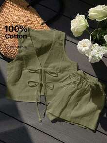 Conjunto casual de 2 piezas de top corto sin mangas con cordones delanteros y shorts para mujer en beige - Verde militar - Ver 10
