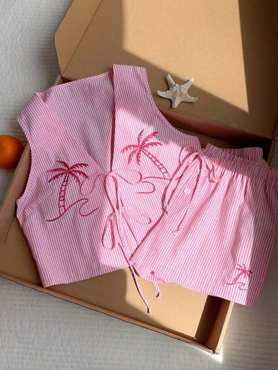 Conjunto casual de 2 piezas de top corto sin mangas con cordones delanteros y shorts para mujer en beige - Rosa - Ver 1