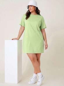 BASICS Vestido De Camiseta Sólida De Manga Corta Para Tallas Grandes - Verde - Ver 4